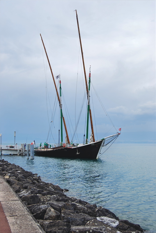 10 - La Savoie, a traditional lateen-rigged sailing boat (known as a barque du Léman) moored on Lake Geneva in Évian-les-Bains, France